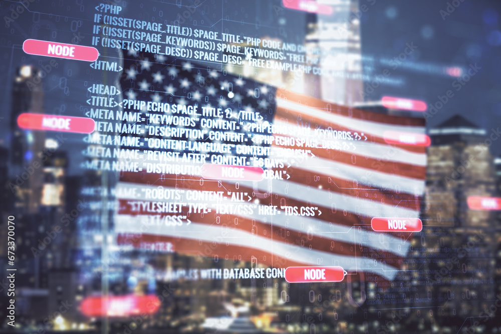 Poster multi exposure of abstract creative coding sketch on usa flag and blurry cityscape background, artif