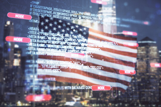 Multi exposure of abstract creative coding sketch on USA flag and blurry cityscape background, artificial intelligence and neural networks concept
