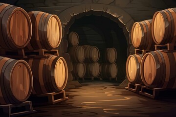 Background with barrels in a brewery cellar. Generative AI