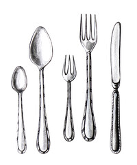 Set of different spoons and forks drawing by watercolor, hand drawn illustration on white background.