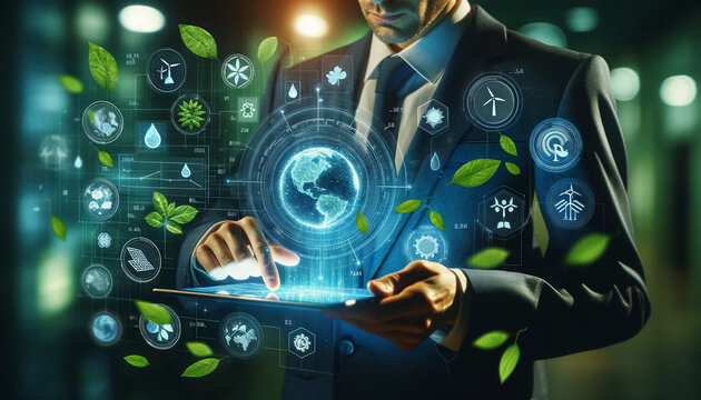 A business man with a tablet from which holographic icons related to ecology and sustainable development come out. - Powered by Adobe