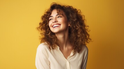 Obraz premium Portrait of a cheerful young woman wearing yellow shirt standing isolated over yellow background