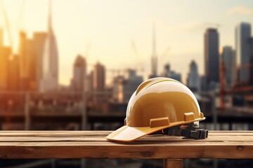 The importance of safety gear for construction workers and the presence of a helmet at a construction site - obrazy, fototapety, plakaty