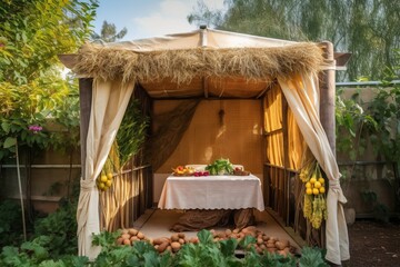 Jewish festival of Sukkot in Israel. Traditional sukkah with handmade decorations in private garden outside on the street. 