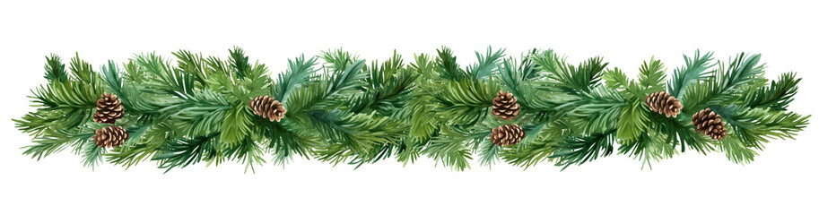 PNG Christmas long banner. Pine tree branches garland with cones on transparent background - obrazy, fototapety, plakaty
