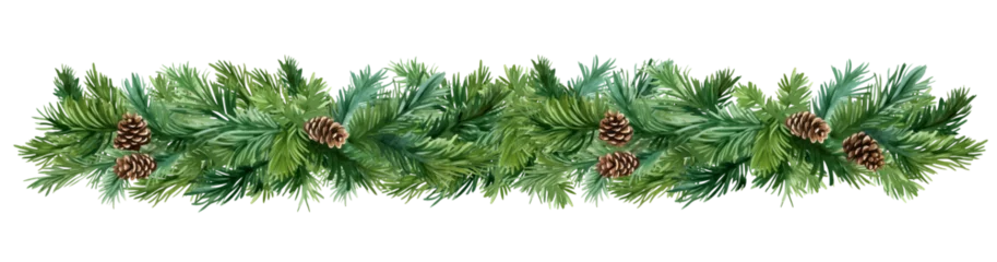 Foto op Plexiglas PNG Christmas long banner. Pine tree branches garland with cones on transparent background © LiliGraphie