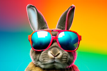 A cool bunny with sunglasses on a colorful background, accompanied by Easter eggs. Bright image. 