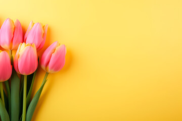 pink tulips on yellow background and place for text .
