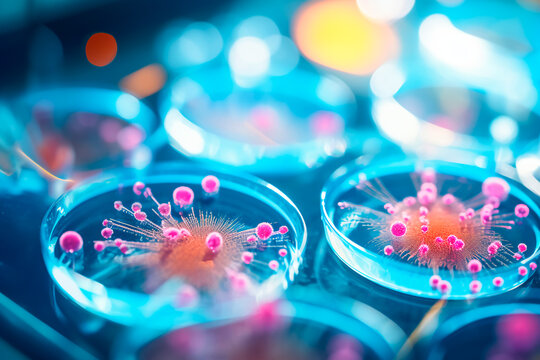 Macro close-up of bacteria and virus cells in a scientific laboratory petri dish.Bright image.