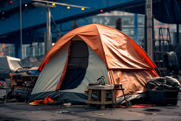 A makeshift tent camp for the homeless set up on a city street, highlighting a pressing urban issue.