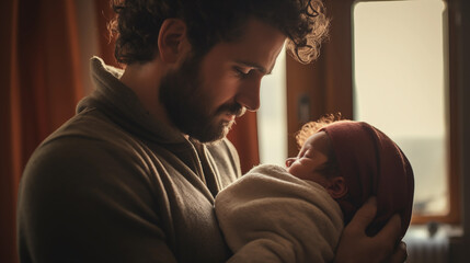 Father Holding His Newborn Baby Son at Home. Fatherhood and parenting at home Concept
