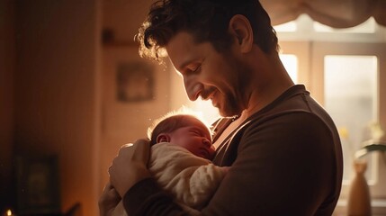 Smiling Father Holding His Newborn Baby Son at Home. Fatherhood and parenting at home Concept