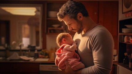 Father Holding His Newborn Baby Son at Home. Fatherhood and parenting at home Concept
