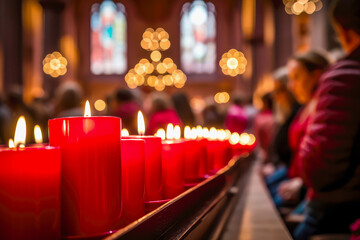 red candles in a church where people attend the Christmas service. AI generated