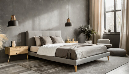 A photo of modern bedroom in gray beige tones