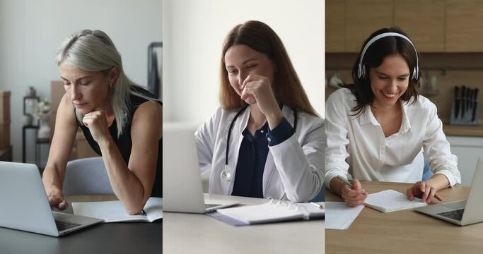 Attractive different women, young and middle-aged diverse profession and age females working or studying seated at desk at home and office. Workflow using modern wireless technologies, collage view
