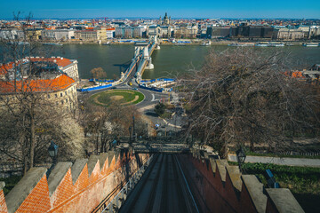 Buda Castle railway and Chain Bridge on the Danube river