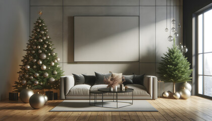 Elegant living room decorated for Christmas with trees and ornaments. 