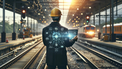 An engineer in a helmet stands on the railway tracks in the depot, the interface and control icons are visualized in front of him.
