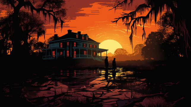 Haunted Plantation House with dark silhouettes hd wallpaper