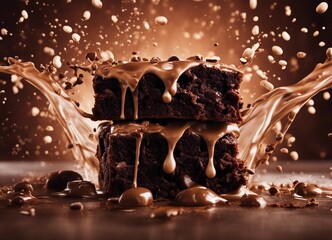 delicious brownie, exploding and chocolate splash
