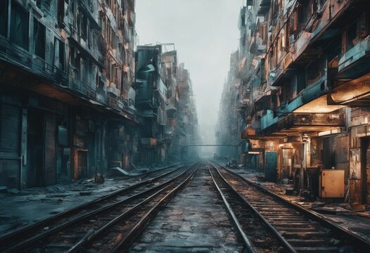 AI generated illustration of an abandoned urban street, featuring a long railway