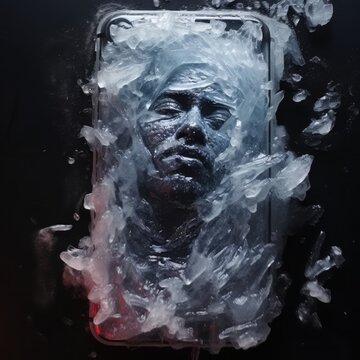A frozen man is encased within a smartphone sculpted from ice.