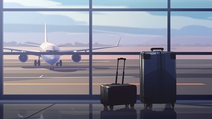 Suitcase luggage is in the airport terminal, with airplanes outside the window on background