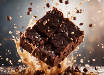 delicious brownie, exploding and chocolate splash
