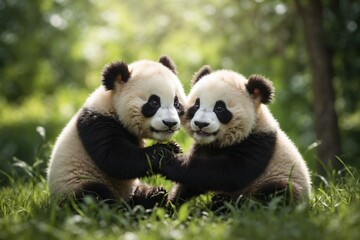 Fototapety  cute cuddly panda babies playing with each other in the green grass. ai generative