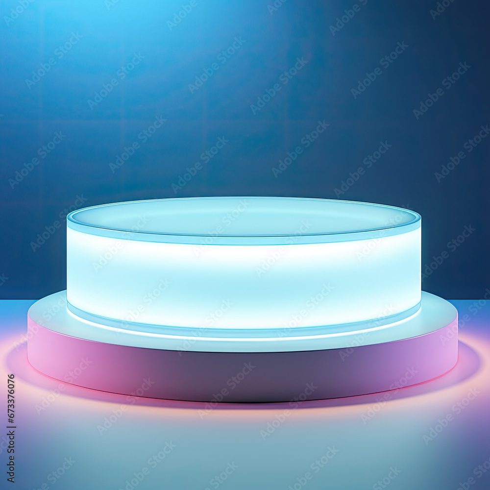 Poster illuminated round podium with a soft blue gradient background. high-key sleek metallic podium with a