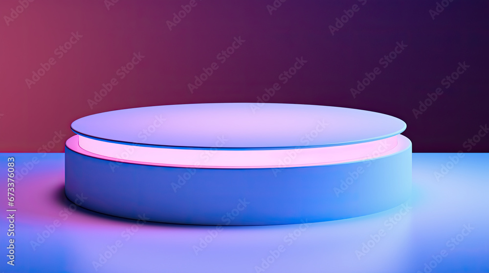 Poster illuminated round podium with a soft blue gradient background. high-key sleek metallic podium with a