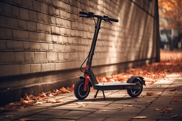 electric scooters stand in autumn park and ready to go - obrazy, fototapety, plakaty