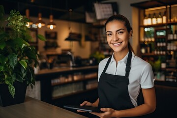 Happy woman, tablet and portrait of barista at cafe for order, inventory or checking stock in management. Female person, waitress or employee on technology small business at coffee shop restaurant - obrazy, fototapety, plakaty