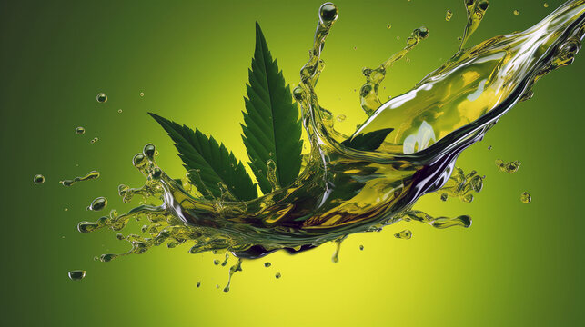 
Medical cannabis liquid oil splash with cannabis leaf