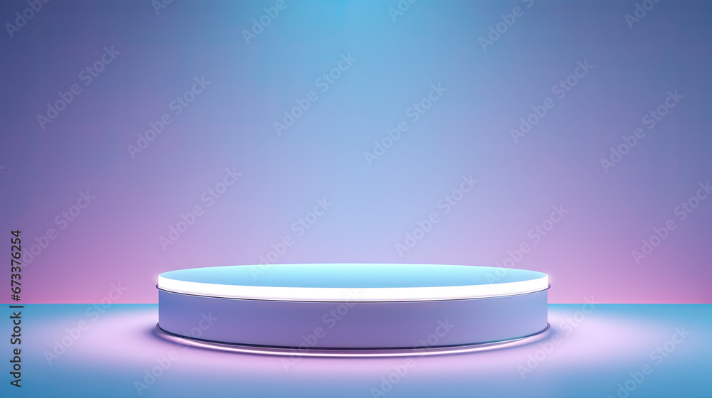 Poster illuminated round podium with a soft blue gradient background. high-key sleek metallic podium with a