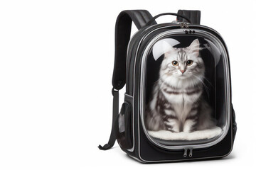 Backpack for transporting a cat with transparent glass with a cat inside on a white background. ai generative