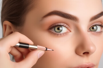 Photography european Girls Model use a eyebrow pencil to Makeup her eyebrows . You can use it in your advertising or other high quality prints. - obrazy, fototapety, plakaty