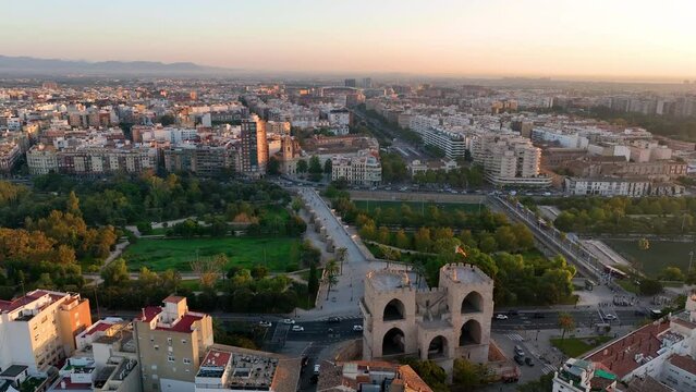 Aerial view of Valencia with Historical landmark ancient Serranos Towers. Spain