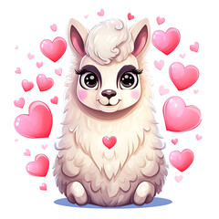 Beautiful cute llama, valentine llama design with hearts.