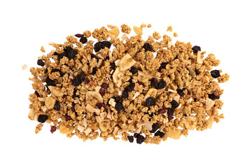 pile of granola isolated on white background with clipping path, flat lay of muesli pile, healthy eating concept, fast breakfast