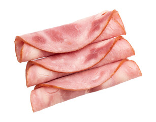 round pieces of ham isolated on white background with clipping path, three pieces of pork ham cut into slices laid out to create layout, italian food