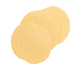 edam or salami round cheese isolated on white background with clipping path, flat lay with cheese cut into pieces