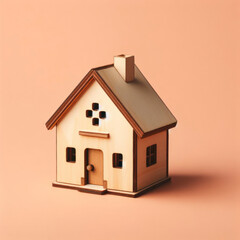 Obraz na płótnie Canvas Miniature model of a wooden toy doll house isolated on a flat color background. ai generative