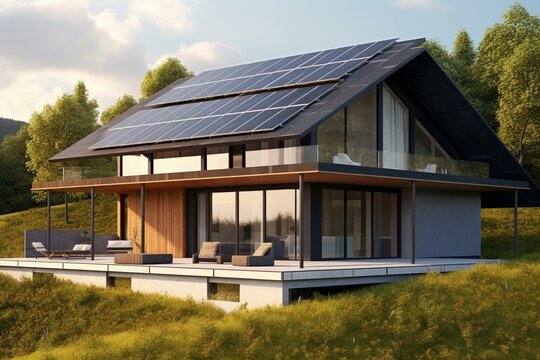 Modern house with solar panels on the roof. Generative AI