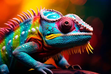 Poster Closeup view of a brilliantly colorful chameleon lizard displaying its vibrant hues and intricate patterns. Bright image.  © Uliana