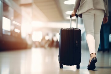 Woman walking with Suitcase luggage is in the airport terminal, with airplanes outside the window on background