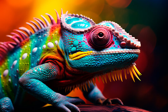 Closeup view of a brilliantly colorful chameleon lizard displaying its vibrant hues and intricate patterns. Bright image. 