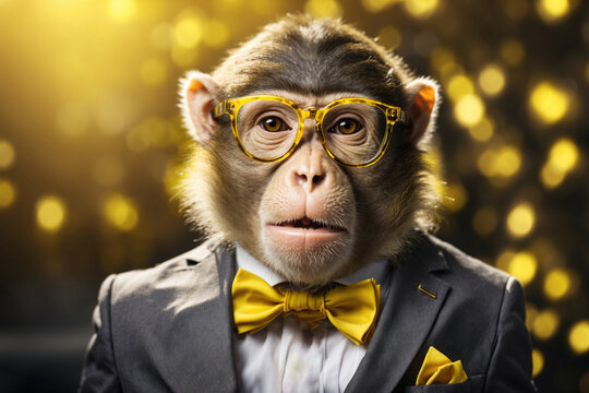 Monkey wearing yellow glasses and suit with bow tie. ai generative