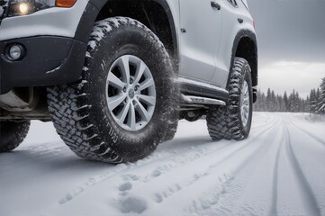 Vehicle tyres and tracks on snow, winter tyres on snow roads, generative AI